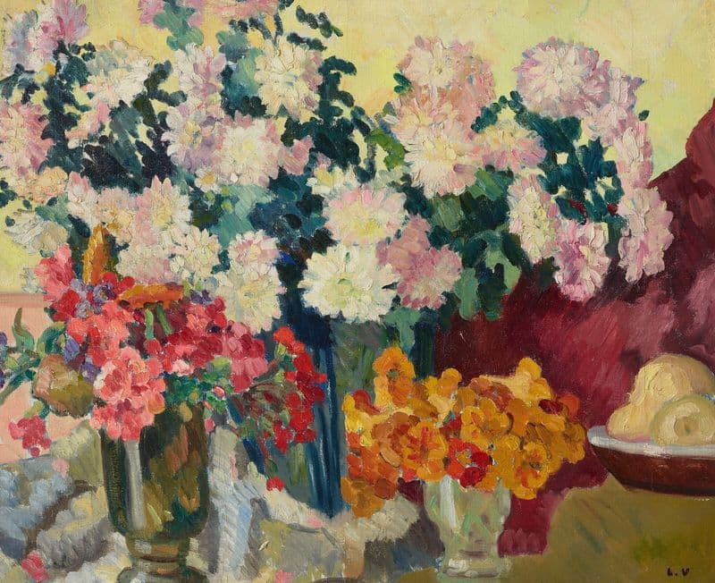 Trois vases de fleurs, assiette de pommes as a canvas print