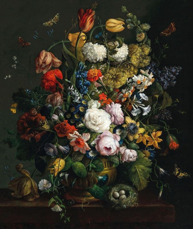 Tulips, daffodils, roses and other flowers in a vase on a stone ledge with butterflies and a bird’s nest as a canvas print
