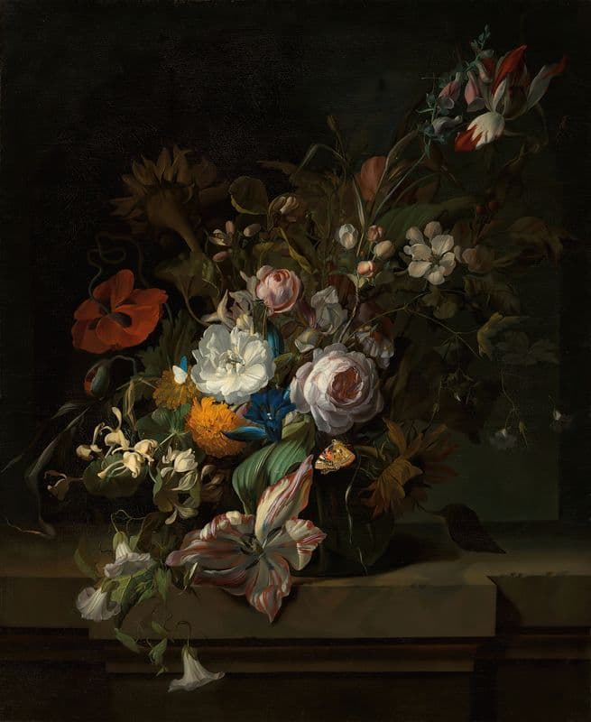 Tulips, rose, honeysuckle, apple blossom, poppies and other flowers in a glass vase, with a butterfly, on a marble ledge as a canvas print