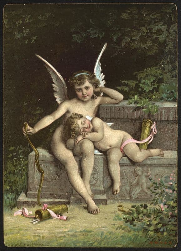 Two cupid figures sitting on a bench as a canvas print