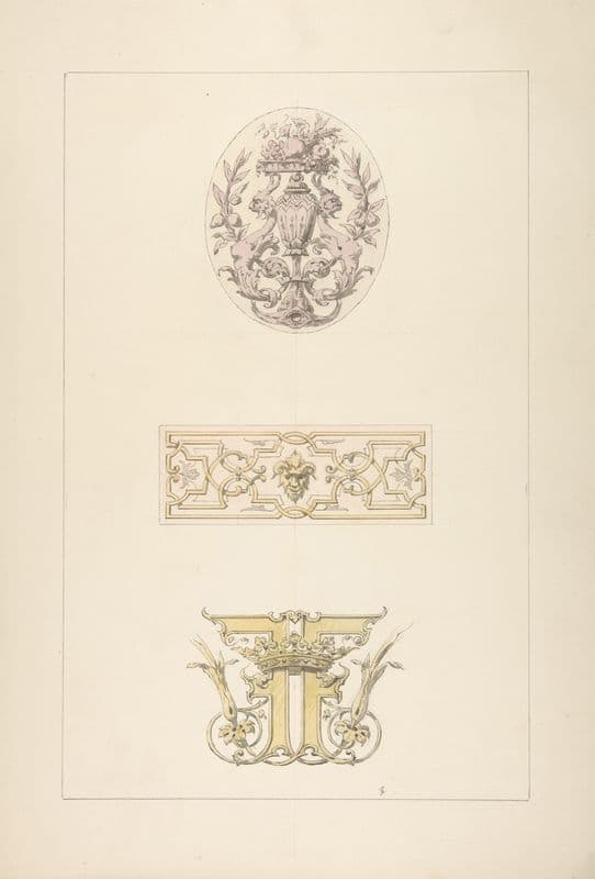 Two designs for decorative panels and one design for an ornamental monogram with a crown and the initials; FF (1830–97) as a canvas print
