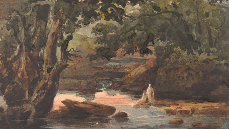 Two Figures in Stream, Bordered by Large Trees as a canvas print
