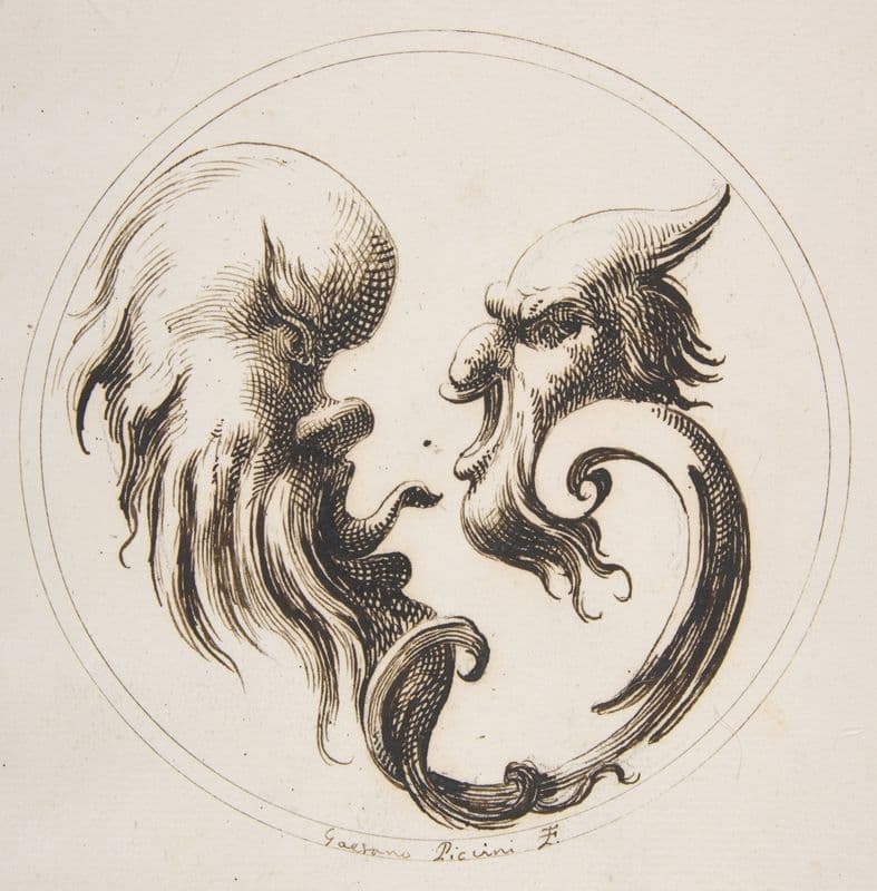Two Grotesque Heads Facing One Another within a Circle as a canvas print