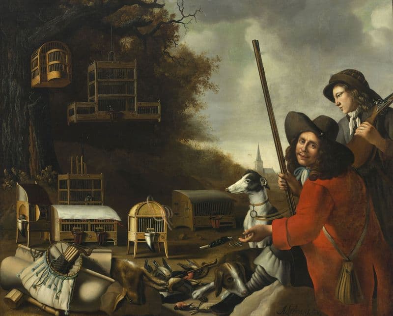 Two huntsmen with dogs and trophies as a canvas print