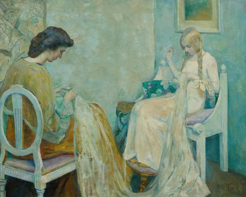 Two Ladies Sewing as a canvas print