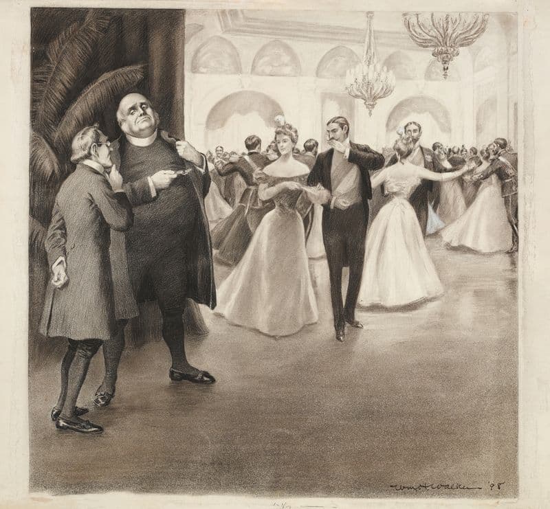 Two men in clerical collars talk at the edge of a ballroom full of dancing couples. as a canvas print