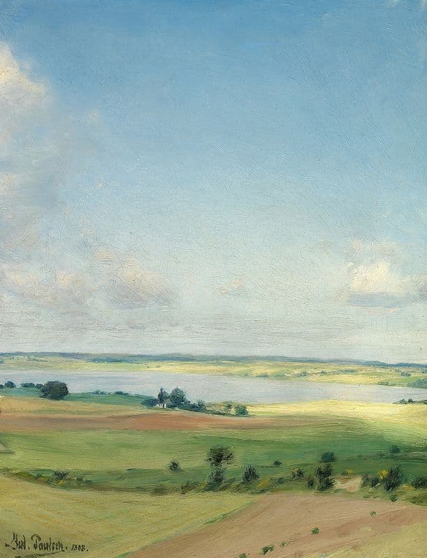 Udsigt over bakket landskab, høj himmel as a canvas print