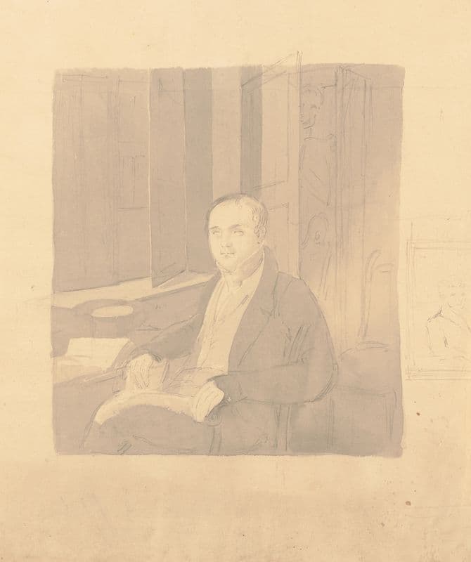 Unfinished three-quarter portrait of a physician, seated at a desk with a skeleton in the closet behind him (1809-1844) as a canvas print