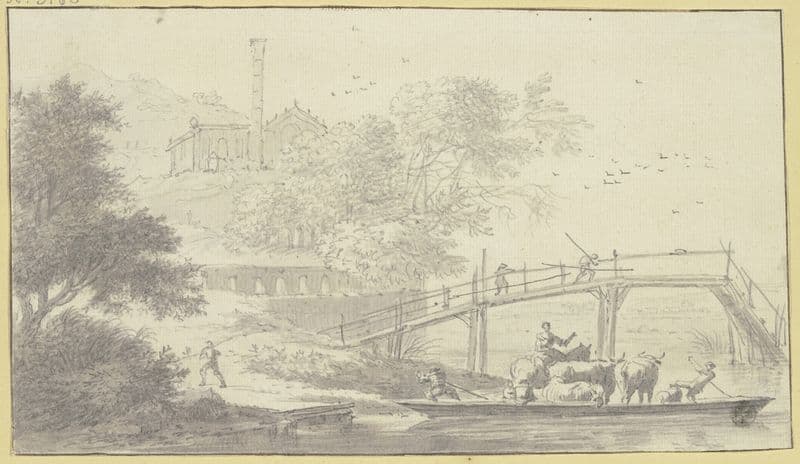 Unter einem Fluss führt ein Steg, darunter ein Kahn mit Menschen und Vieh as a canvas print