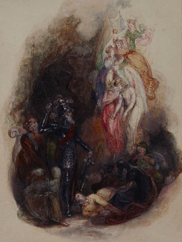 Untitled (Knight and fairy creatures) as a canvas print