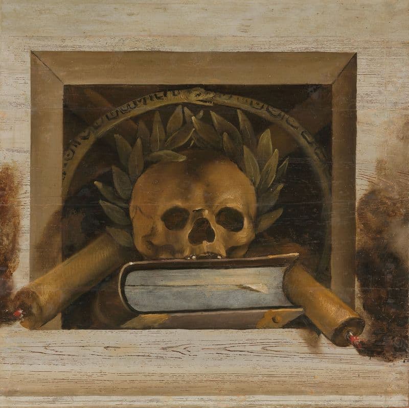 Vanitas Still Life with Scull with Laurel Wreath, Book and two Burning Candles (1645 - 1650) as a canvas print