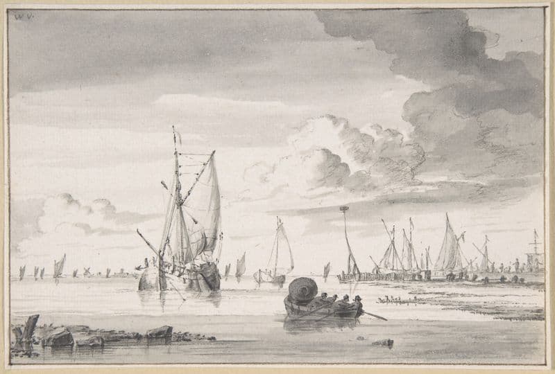Various Ships and a Rowing Boat on an Estuary as a canvas print