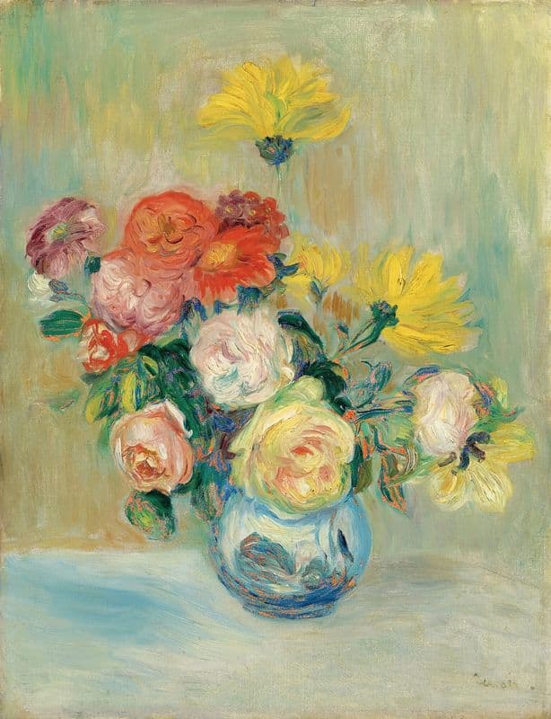 Vase De Roses Et Dahlias as a canvas print