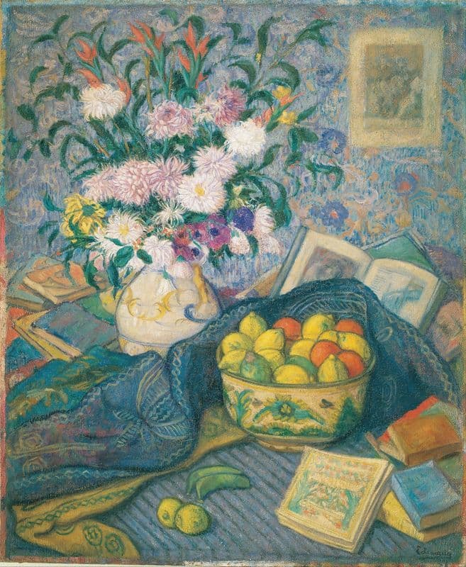 Vase with Bananas, Lemons and Books as a canvas print