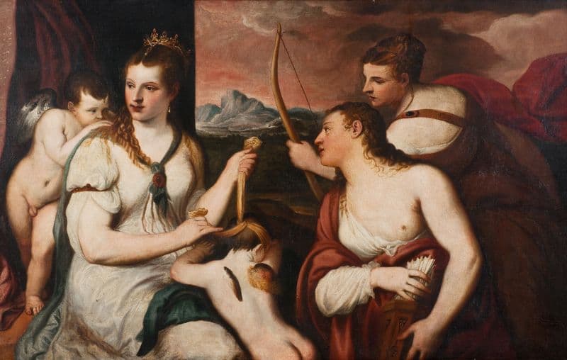 Venus sätter bindel för Amors ögon as a canvas print