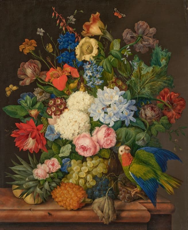Viburnum Oculus, Roses, Plumbago, Primula Auricula, Hemerocallis, Companula, Chinadoxia and Epiphyllum on a ledge with a Pineapple and a Parrot as a canvas print