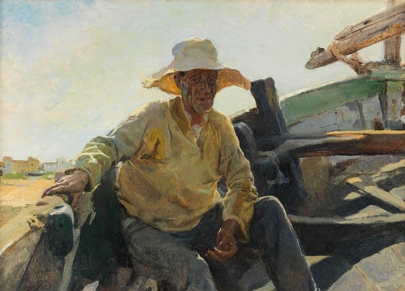 Viejo pescador en una barca as a canvas print