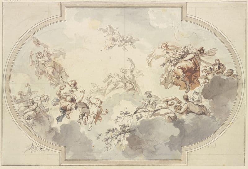 Viele Genien und Bacchanten schweben in Wolken as a canvas print