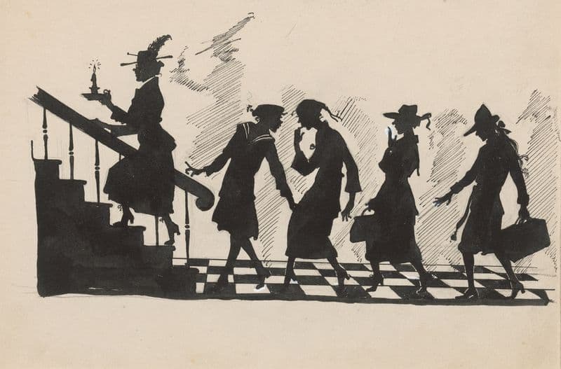 Vier meisjes volgen een vrouw een trap op (1900-1930) as a canvas print