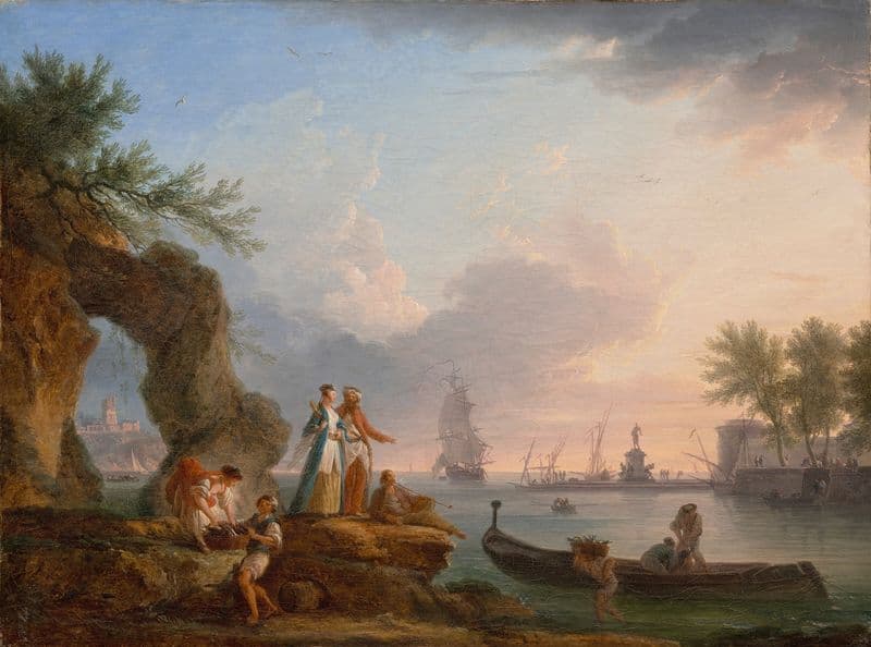 View of a port at sunset with fishermen and a couple in oriental dress as a canvas print