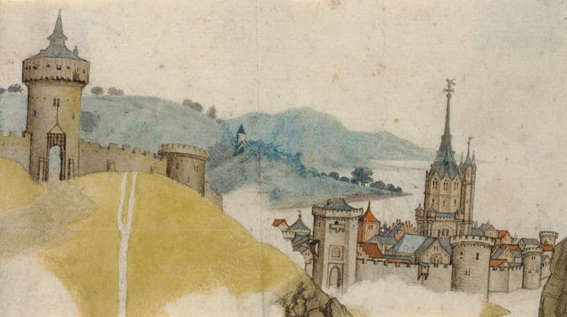 View of a Walled City in a River Landscape (about 1485) as a canvas print