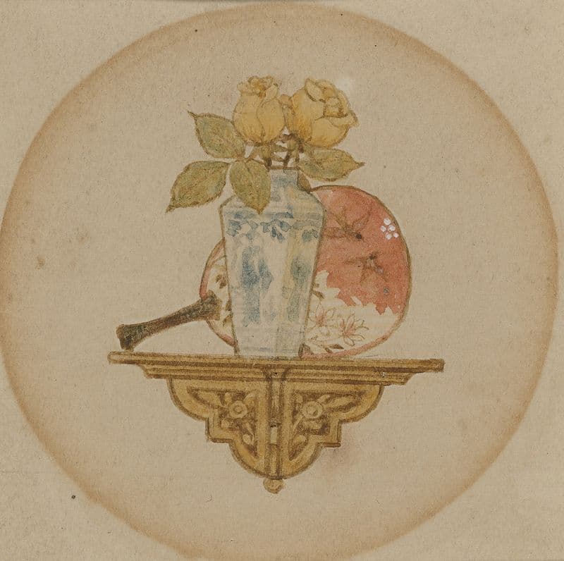 Vignette of fan and vase on a shelf as a canvas print