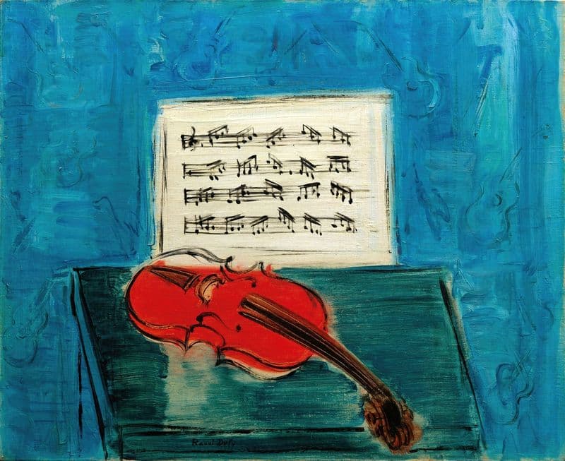 Violon rouge sur fond bleu as a canvas print