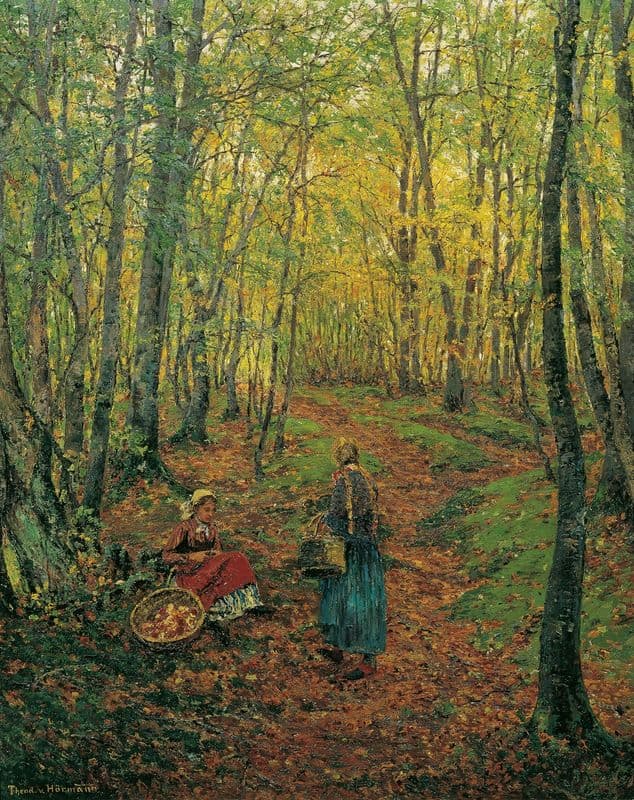 Waldinneres Mit Pilzesuchendem Mädchen as a canvas print