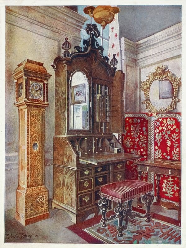 Walnut cabinet-top scrutoire, Inlaid sycamore (‘yellow’) clock, Carved tabouret (1910 - 1911) as a canvas print