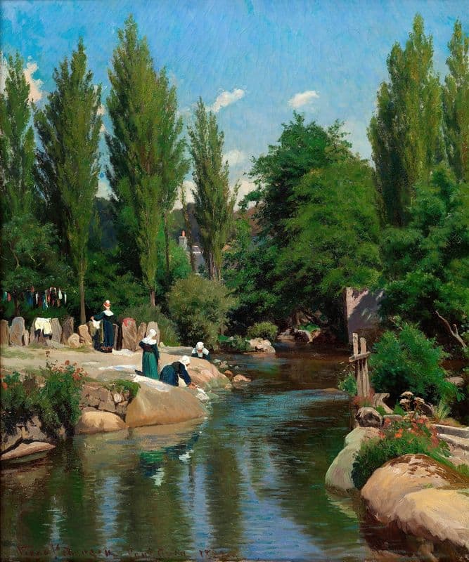 Washing clothes by a creek in Brittany as a canvas print
