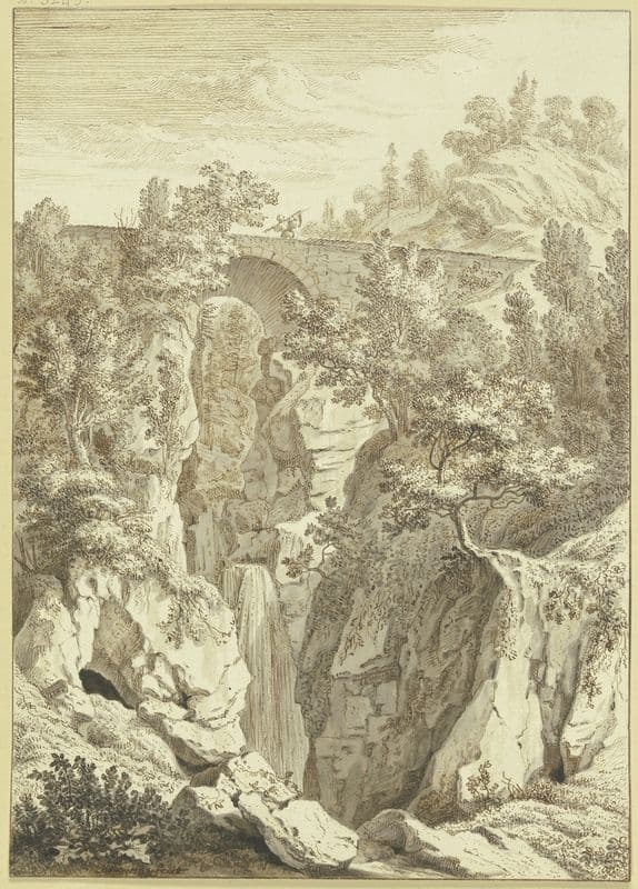 Wasserfall, über welchen eine Steinbrücke führt as a canvas print