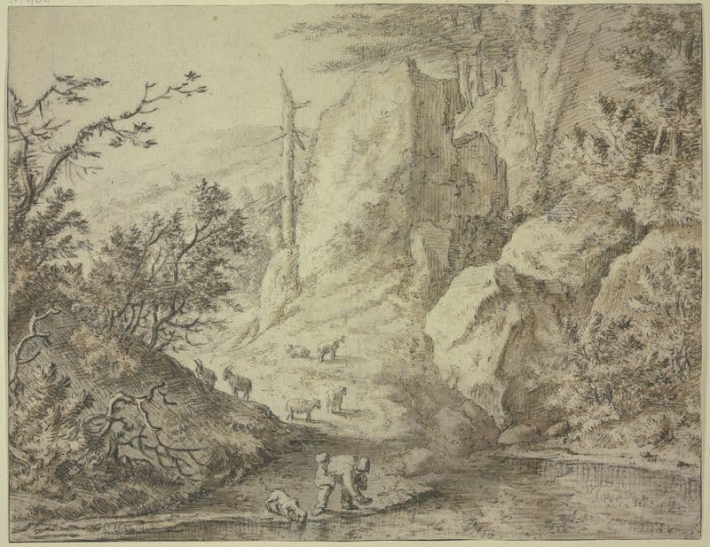 Wasserschöpfender Hirte mit seiner Ziegenherde as a canvas print