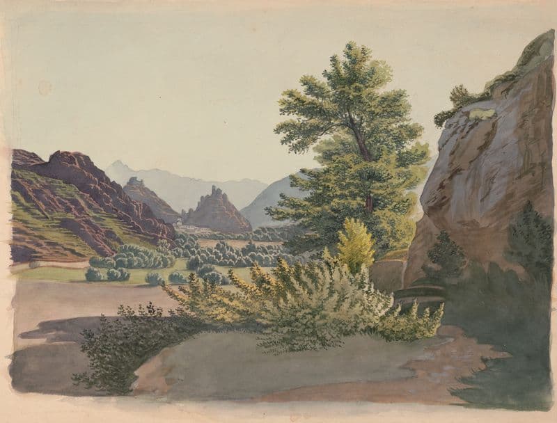 Western scene with buttes and possibly a pueblo community in the distance, as seen from a ravine with a cottonwood tree (1850-1870) as a canvas print