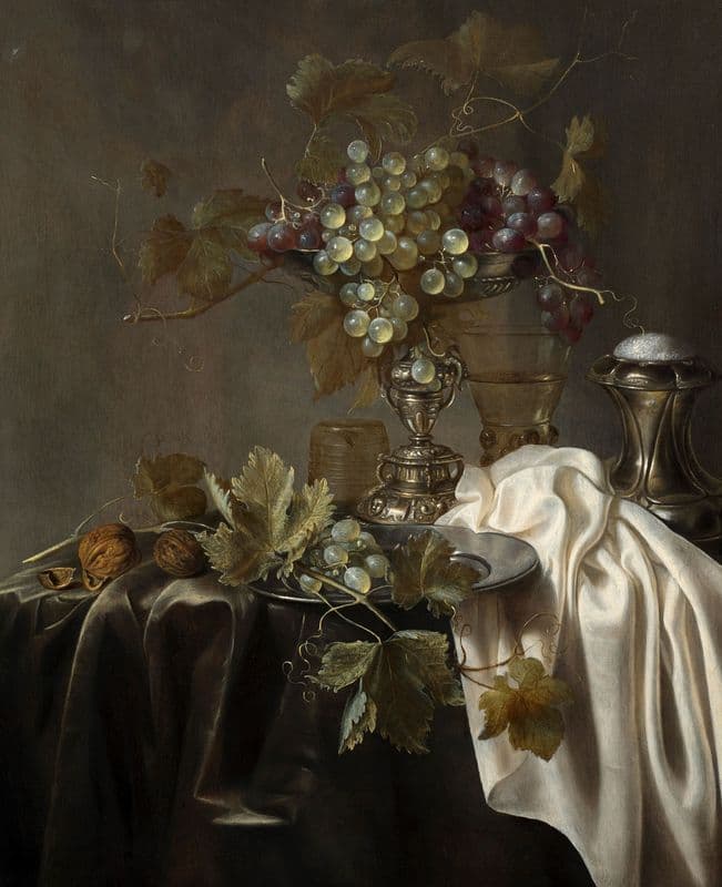 White and black raisins, römer and salt shaker on a draped table as a canvas print