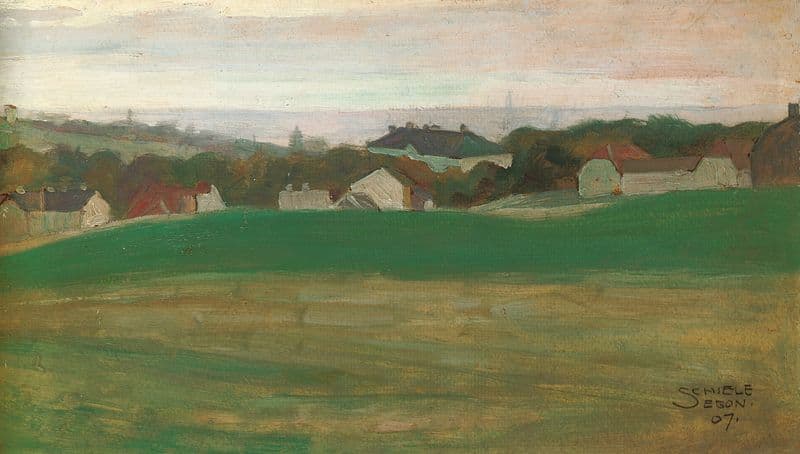 Wiese mit Dorf im Hintergrund II as a canvas print