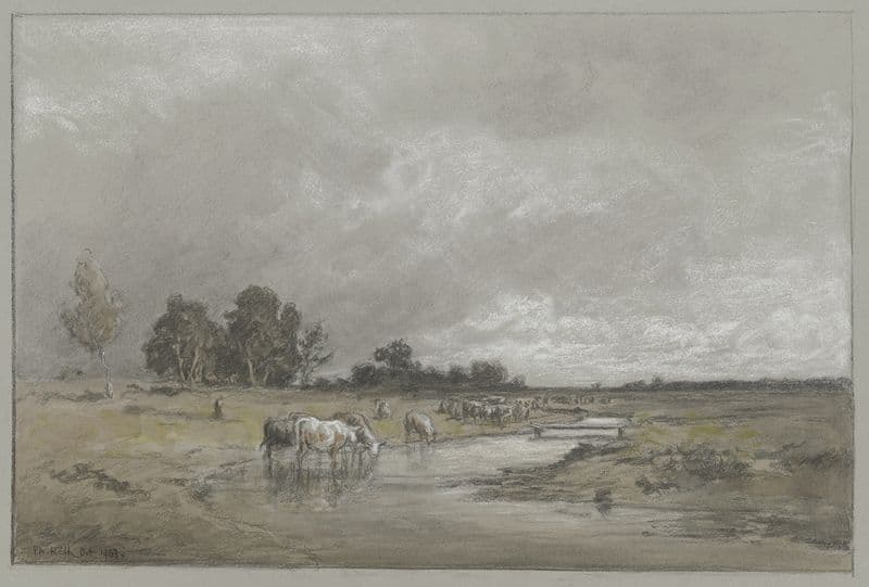 Wiesenlandschaft mit trinkender Herde as a canvas print