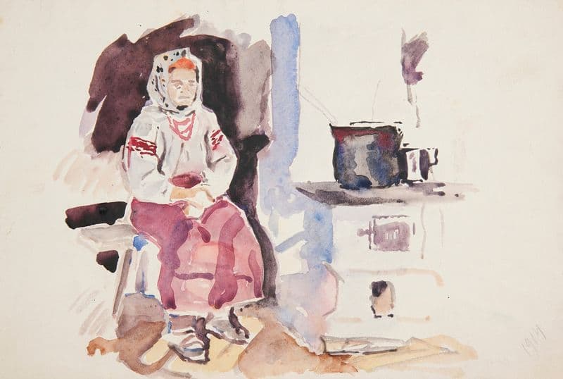 Wieśniaczka w haftowanej białej bluzce i w koralach siedząca w kuchni przy piecu as a canvas print