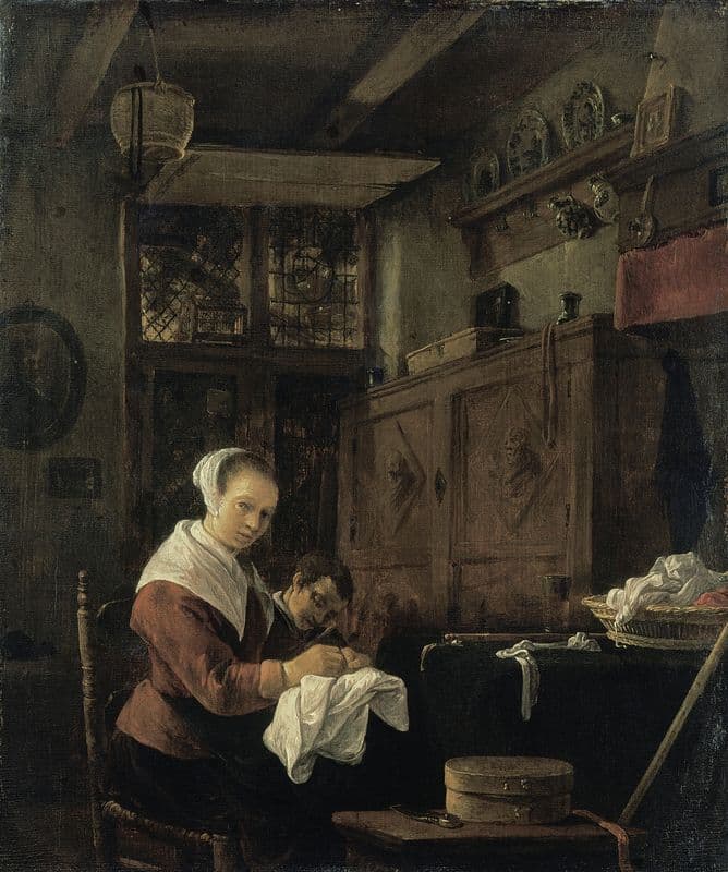 Woman at Her Sewing Table (ca. 1655) as a canvas print