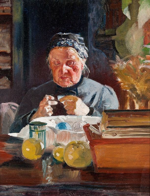 Woman at table, sketch as a canvas print