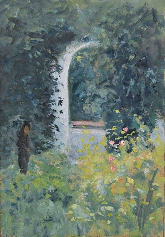 Woman in a Rose Garden as a canvas print