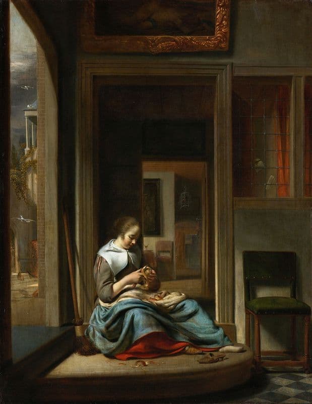 Woman Peeling an Apple as a canvas print