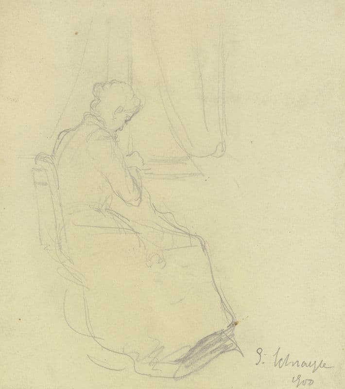 Woman sewing at the window as a canvas print
