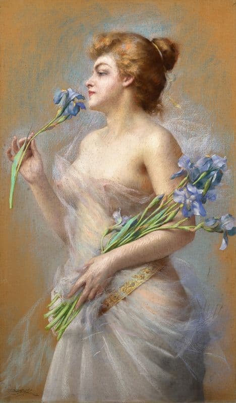 Woman with irises as a canvas print