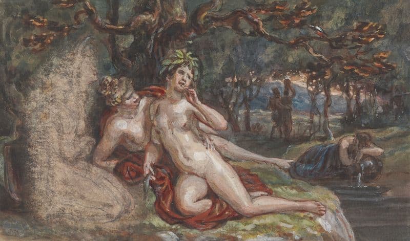 Wooded Scene with a Couple Laying under a Tree, by a Stream as a canvas print