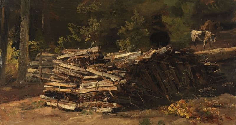 Wooden pile at the edge of the forest as a canvas print