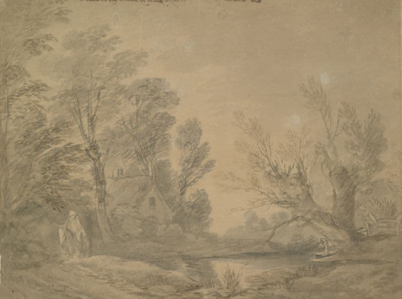 Woody landscape with horseman near a pond by a cottage (1760s) as a canvas print