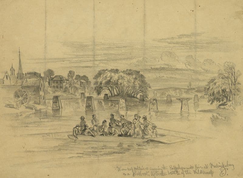 Wounded soldiers crossing the Rappahannock River at Fredericksburg on a flatboat–After the battle of the Wilderness as a canvas print