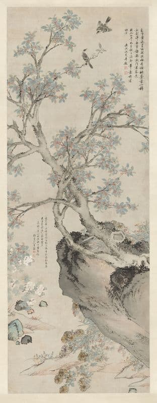 Yellow Chrysanthemums and Red Osmanthus in the Style of Wang Yuan as a canvas print