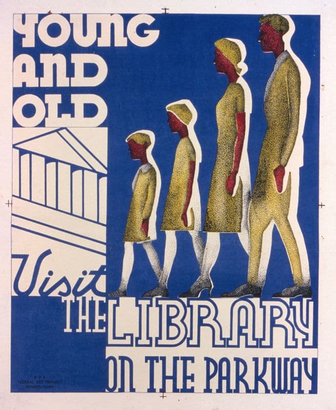 Young and old visit the library on the parkway as a canvas print