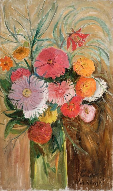 Zinnias and asters in a glass jar as a canvas print